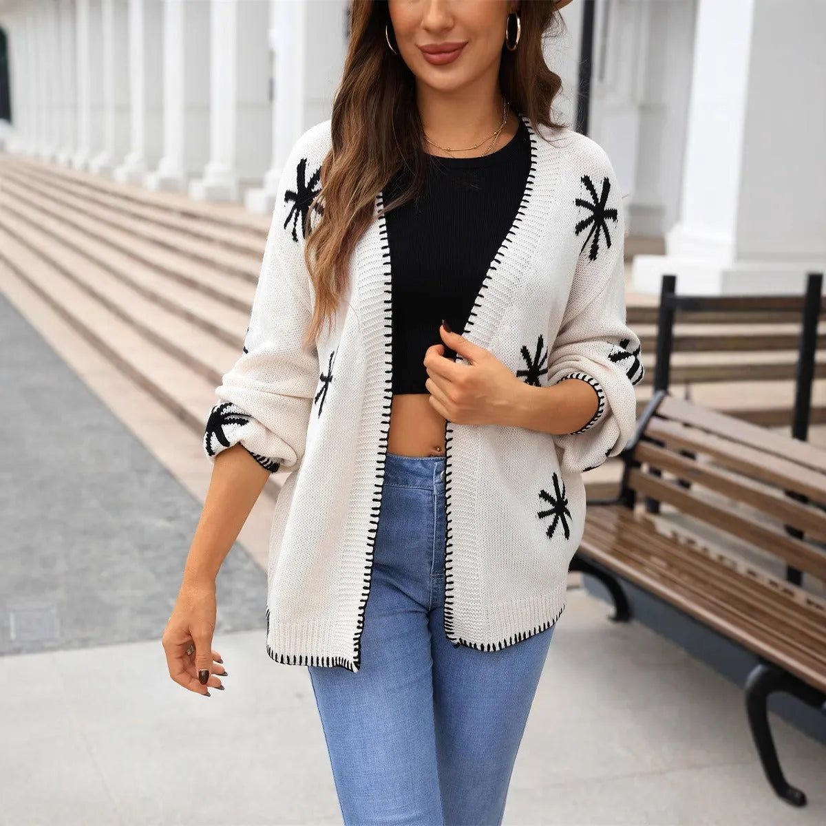 Beige jacquard floral pattern knitted cardigan coat with loose fit and regular sleeves
