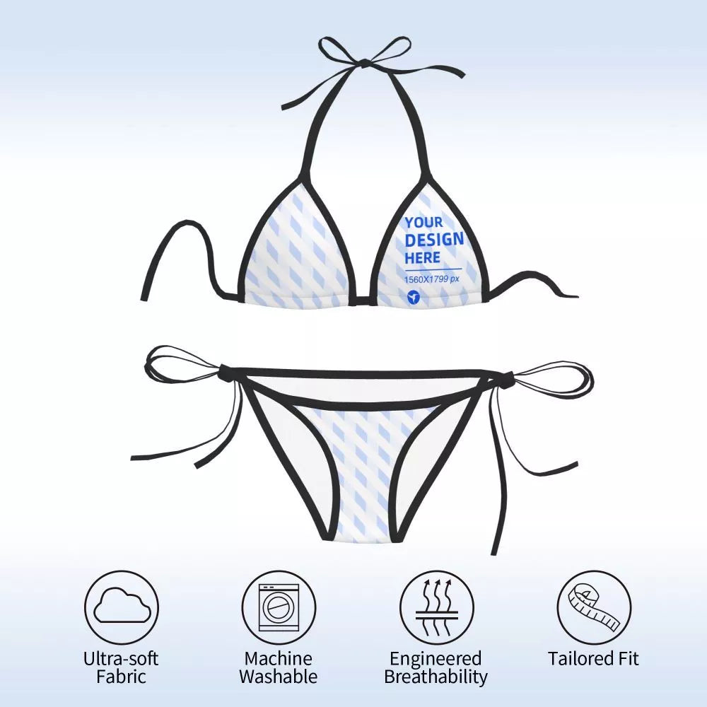 Women's black beach bikini with adjustable straps and full-width printing