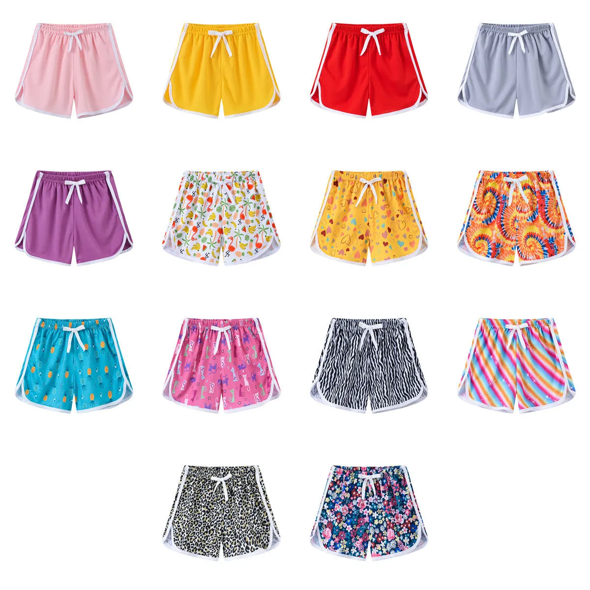 Children's polyester beach shorts in multiple colours and patterns, including leopard print and stripes, shown on size chart.