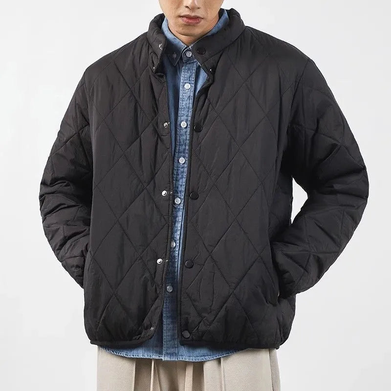 Men's black winter padded jacket with diamond lattice quilting and lengthened 100cm cut