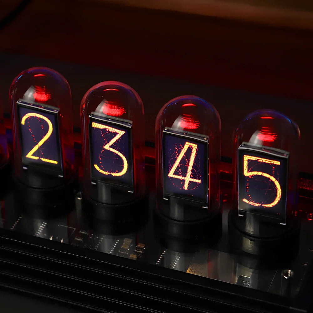 Creative LED nixie tube table clock on black walnut base, glass shell with metal dial, USB powered digital display