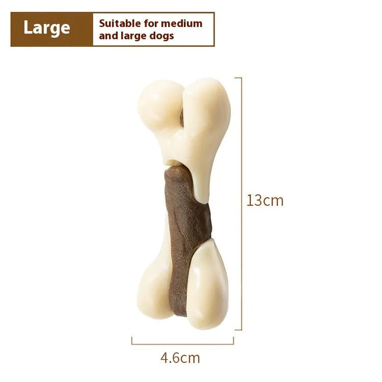 Cowhide and nylon bone grinding rod dog chew toy in foodie bones design, available in two sizes