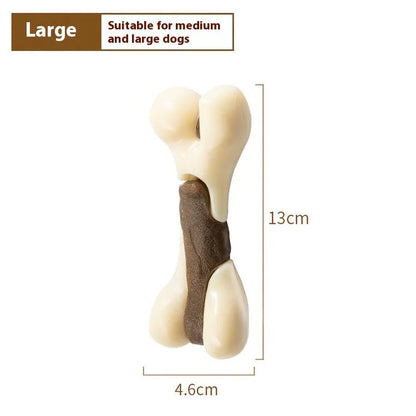 Cowhide and nylon bone grinding rod dog chew toy in foodie bones design, available in two sizes