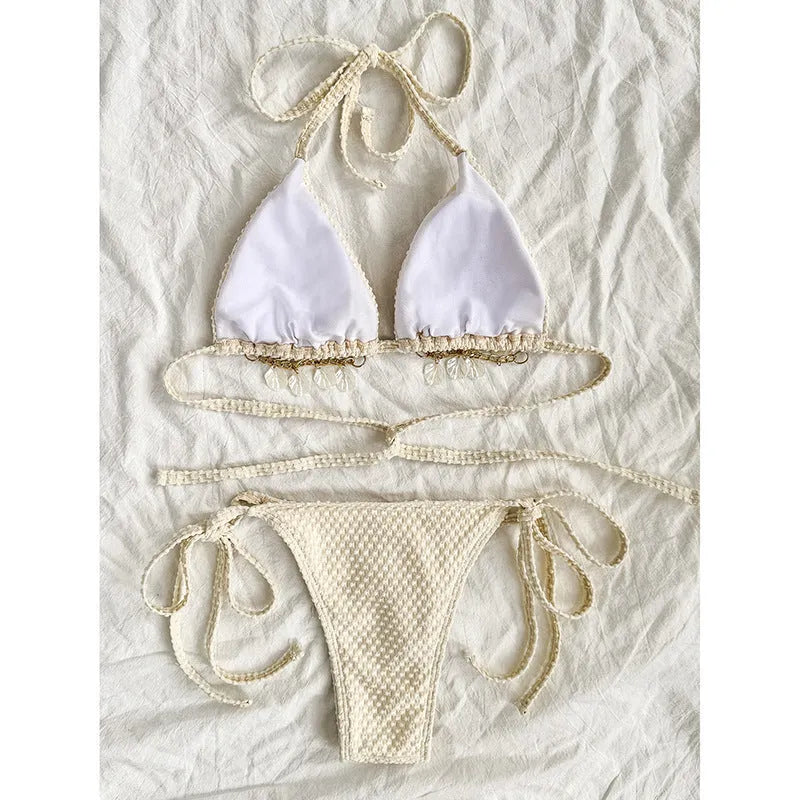Women's halter lace-up bikini set with adjustable back ties in milky white colour