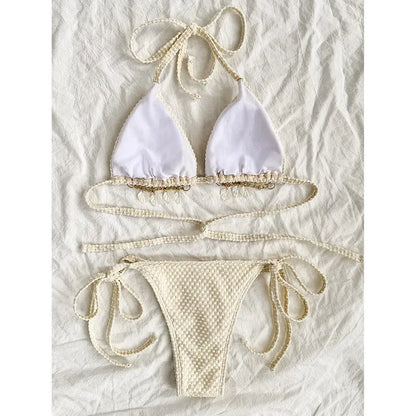Women's halter lace-up bikini set with adjustable back ties in milky white colour