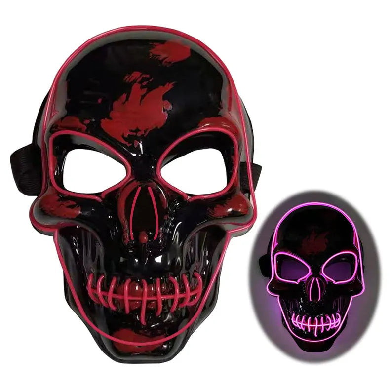 Blue LED glow skeleton mask with flashing lights on a person's face