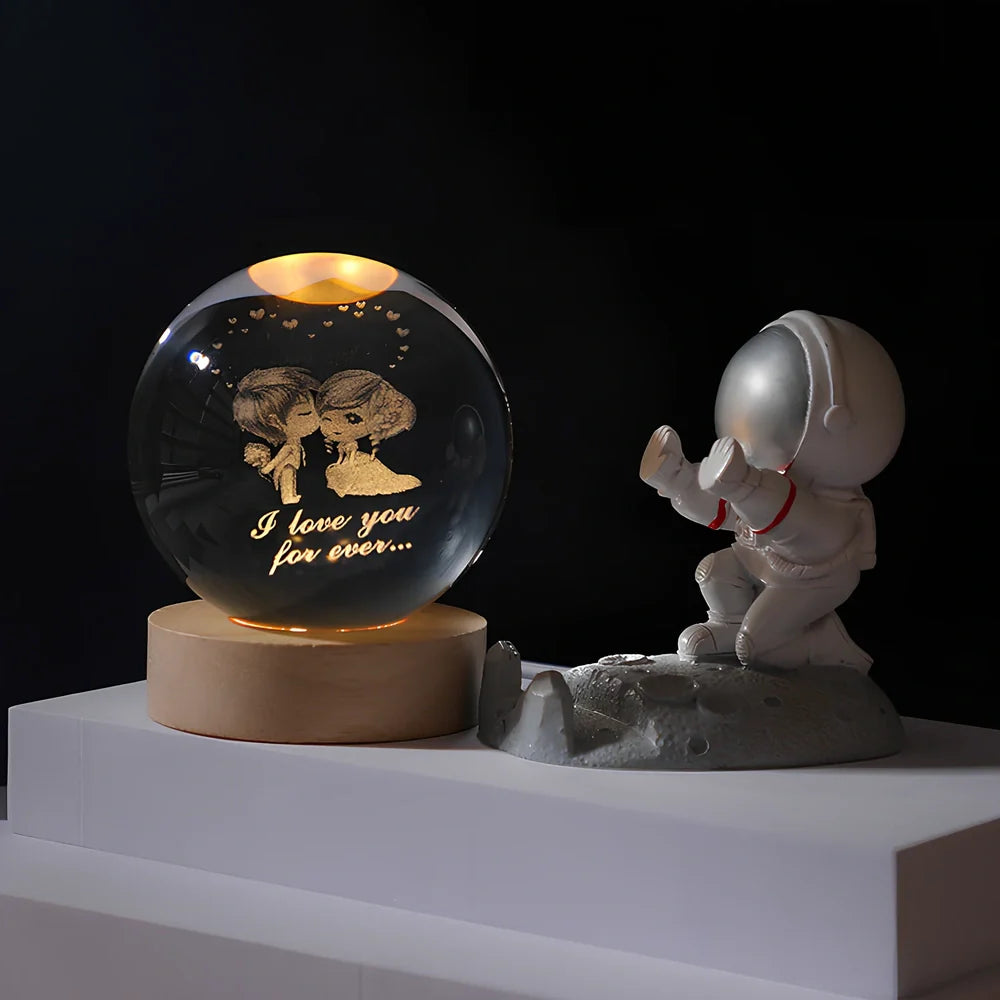 Cosmos Series 8cm crystal ball night light on wooden base with astronaut pusher projecting Milky Way pattern