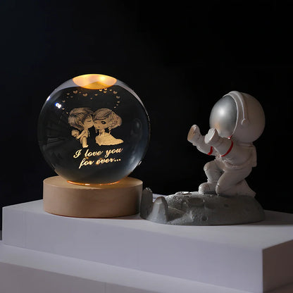 Cosmos Series 8cm crystal ball night light on wooden base with astronaut pusher projecting Milky Way pattern