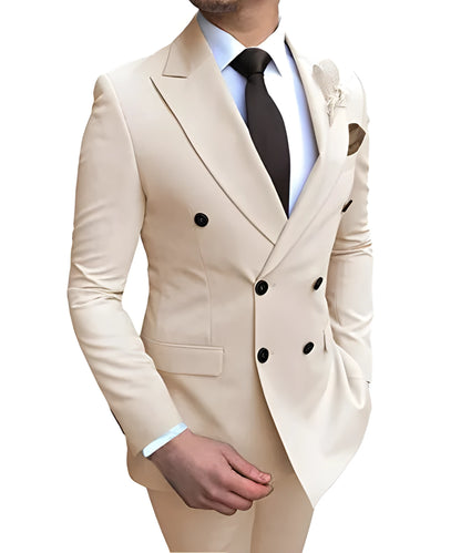 Men's two-piece slim fit wedding suit with straight collar and side slits, available in 15 colours and sizes XS to 5XL.