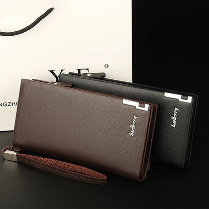 Men's black PU leather zipper wallet open to show seven card slots and a zippered coin compartment.