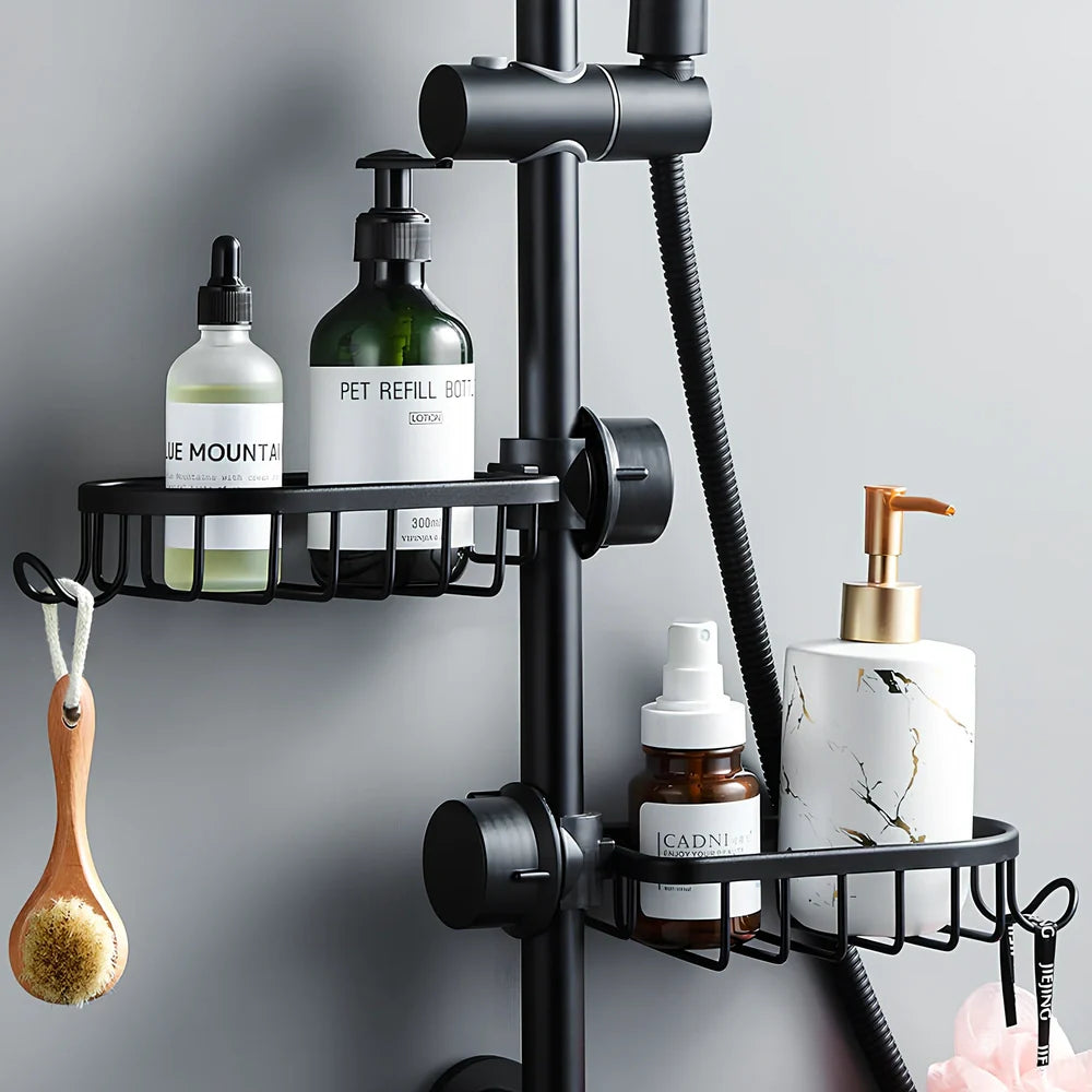 Black aluminium shower storage rack with shelves for bathroom organisation