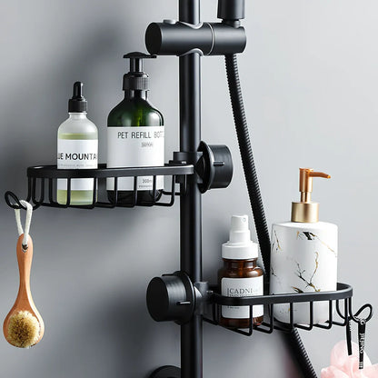 Black aluminium shower storage rack with shelves for bathroom organisation