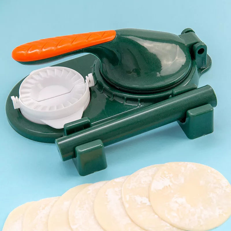 3-in-1 dumpling maker with ergonomic handle in pink, orange, white, and green