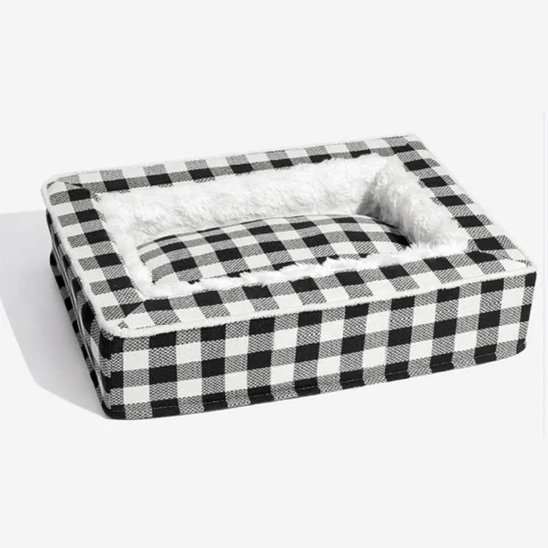 Classic plaid pattern dog kennel with removable cloth cover shown next to a matching cushion