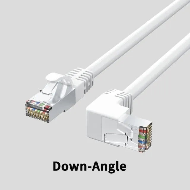 Black Cat6 Ethernet cable with a right-angled metal RJ45 connector, showing the 90-degree bend and cable length.