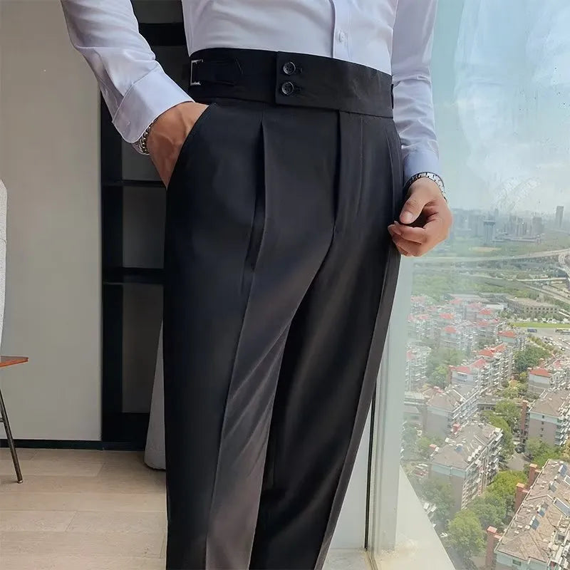 Retro high waist straight-leg casual trousers in a neutral colour, shown on a model.