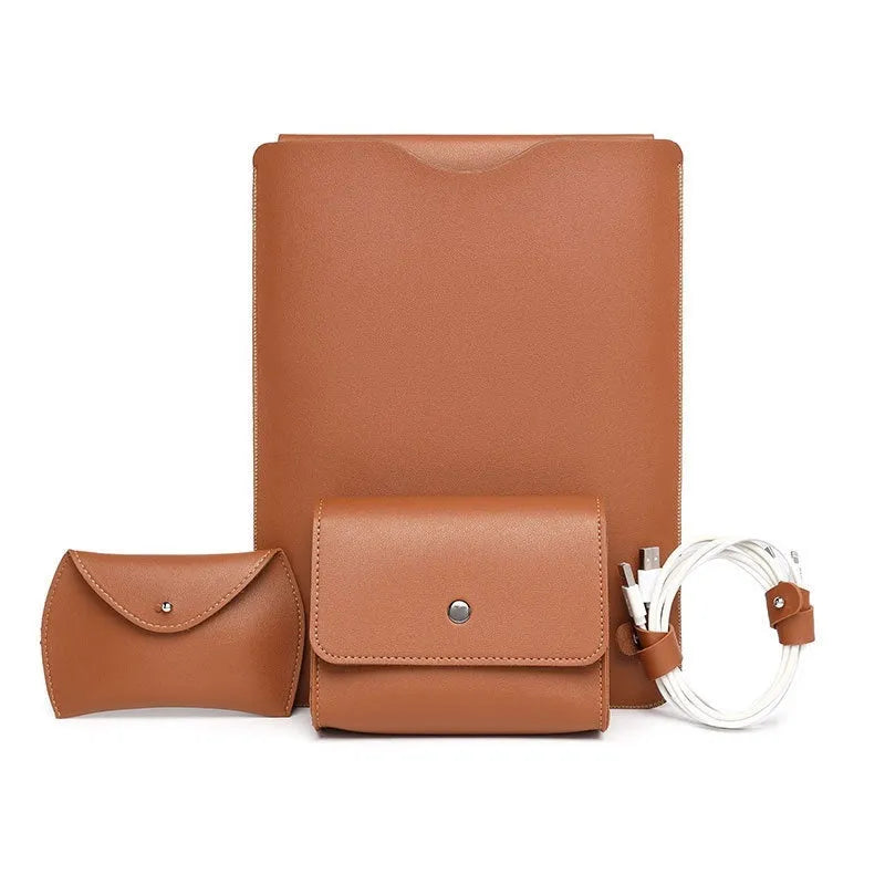 Four-piece set of imitation leather laptop edge protective covers in brown, grey, apricot, and light pink colours