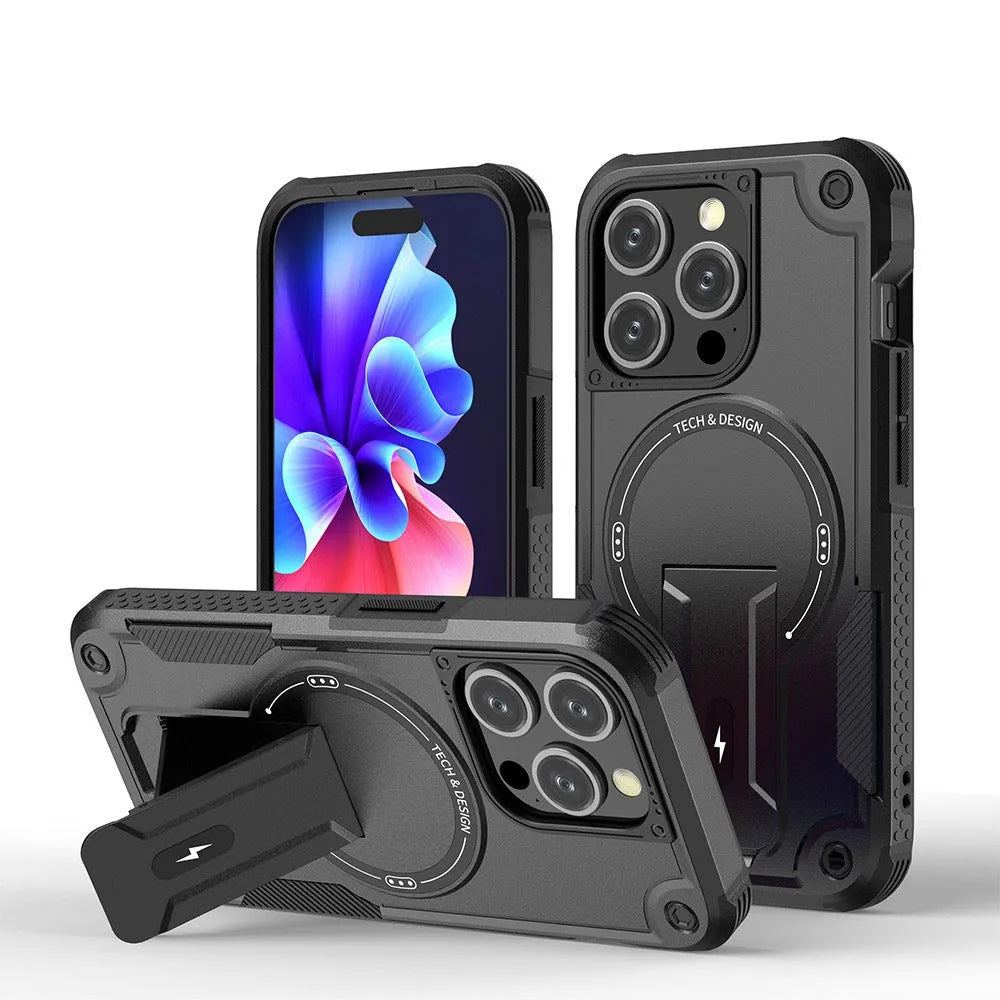 Magnetic invisible bracket phone case for iPhone 15 and 16 in Titan Gray with frosted finish and soft edge hard bottom.