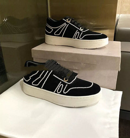 Pearl sequin lace-up sports casual shoes in white, black, pink, sequins, and gray