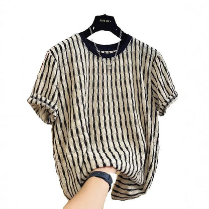Black and white striped men's loose-fit short sleeve pullover on a hanger