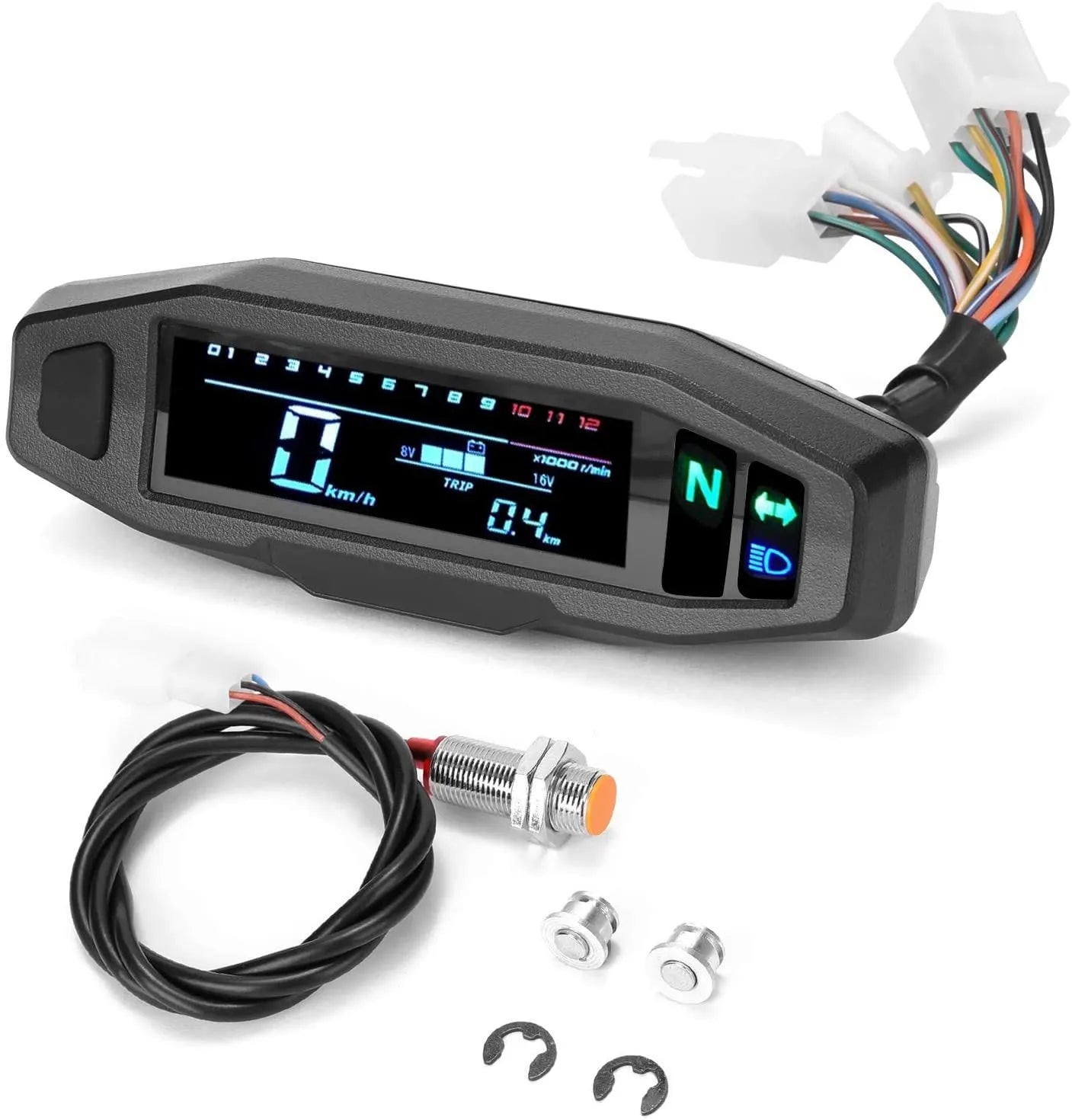 Black motorcycle mini speedometer with LCD display, measuring 141mm x 45mm, showing speed and fuel gauges