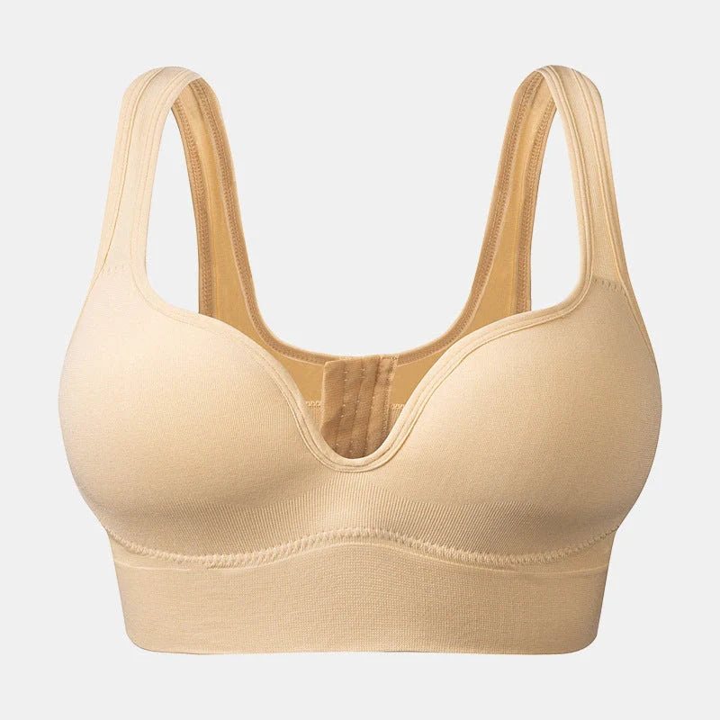 Comfortable back button up sports bra with wide straps in white, black, and apricot