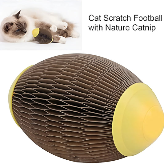 Ellipse-shaped corrugated paper cat football toy with scratch surface and catnip compartment.