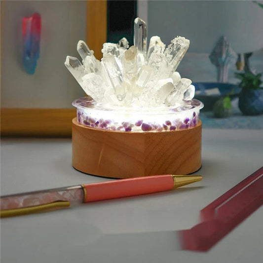 White natural crystal night light measuring 10x8.5cm with USB cable
