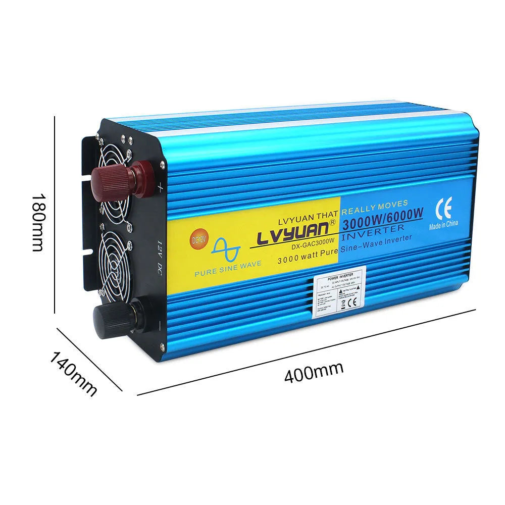 Blue 3000W pure sine wave power inverter with digital display and UK three-pin socket