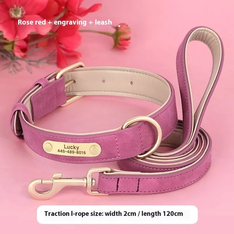 Double-layer leather dog collar with mohair lining in rose red, brown, or blue, adjustable for dogs 7-65 pounds, includes traction rope