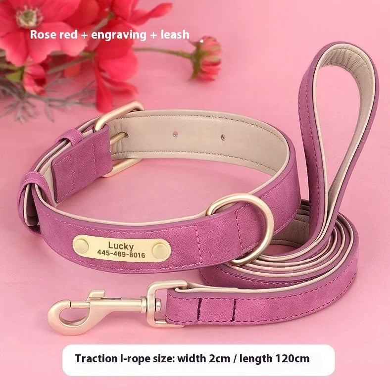 Double-layer leather dog collar with mohair lining in rose red, brown, and blue colours with matching lead