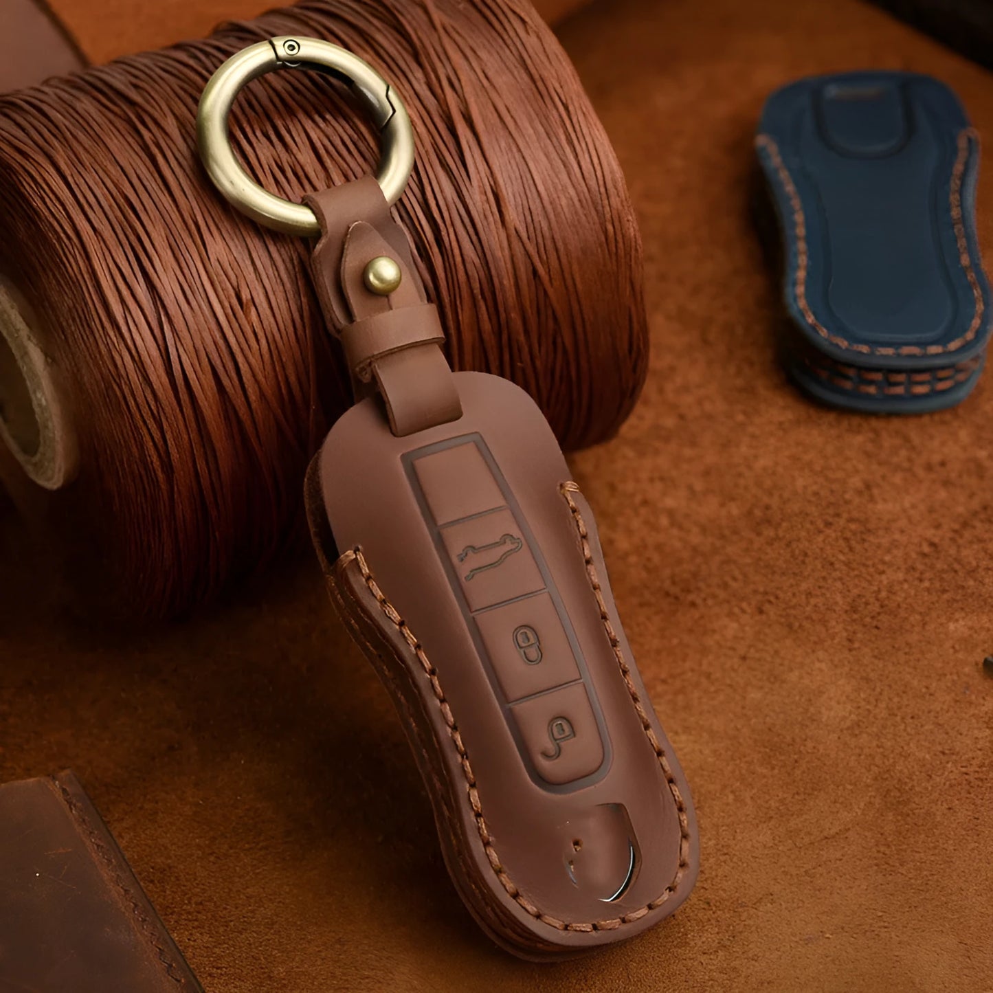 Porsche car key leather cover in blue with retro bag buckle for 4-key model