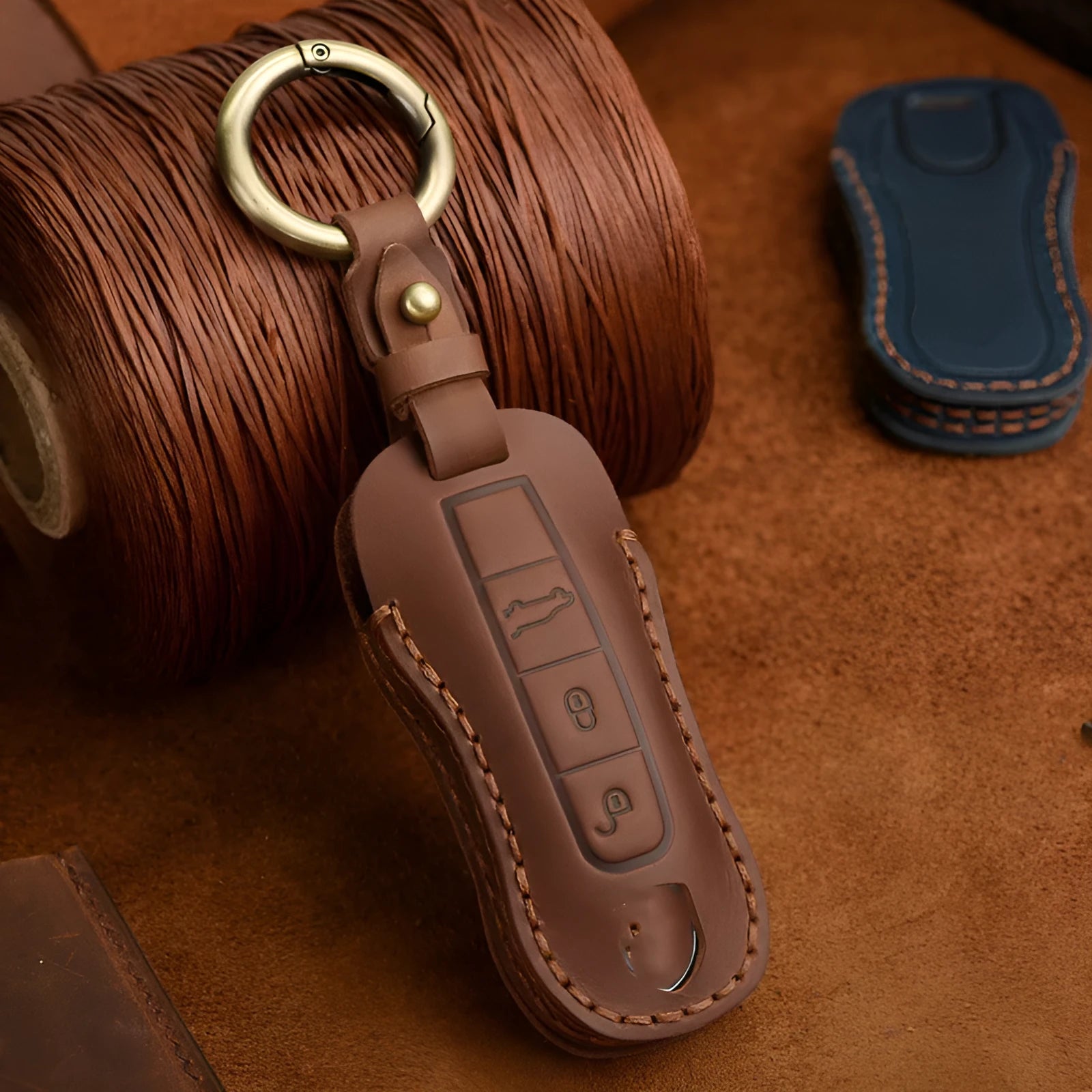 Porsche car key leather cover in blue with retro bag buckle for 4-key model