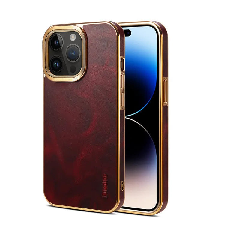 Leather phone case in vintage oil wax leather, handmade for iPhone 12 to 15 Ultra models, showing slim design and 360-degree protection.