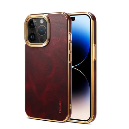 Leather phone case in vintage oil wax leather, handmade for iPhone 12 to 15 Ultra models, showing slim design and 360-degree protection.