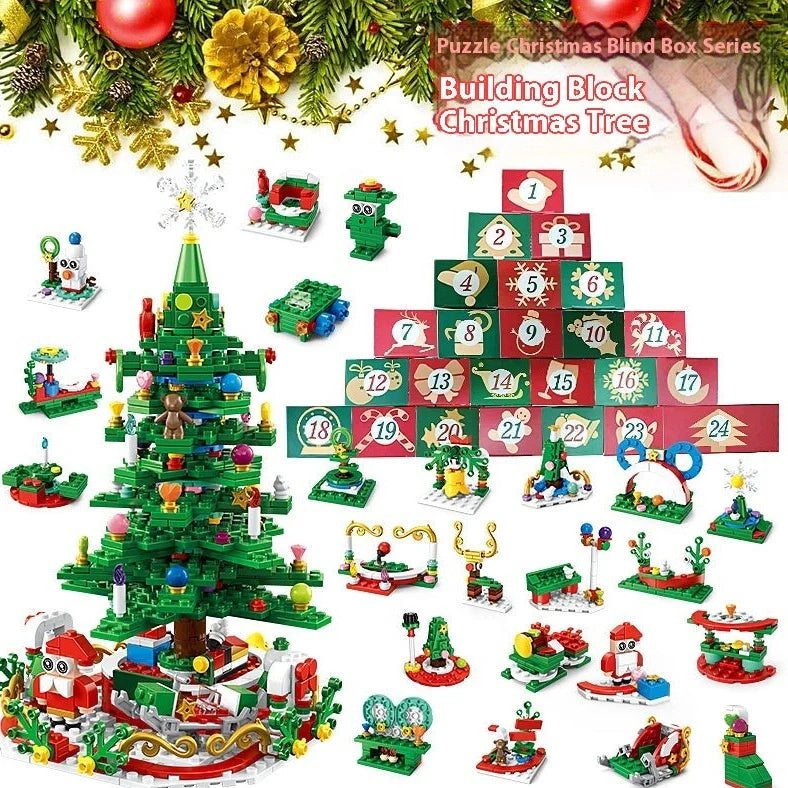 Christmas building block toy set with small particle plastic blocks in colour box packaging measuring 27-31.3cm
