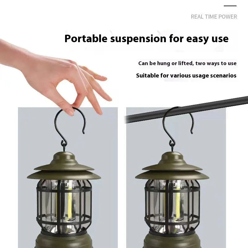 Dark green portable camping lantern with compact 16.6cm height and multiple power options