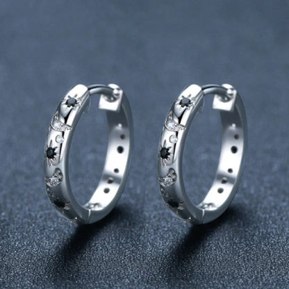 French Inlaid Zircon Star and Moon Earrings in black with celestial design