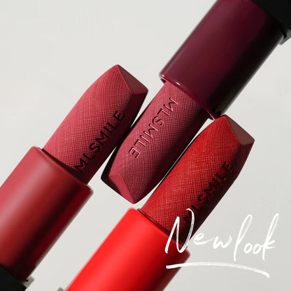 MLSMILE embossed lipstick three-piece set in open box showing three lipsticks.