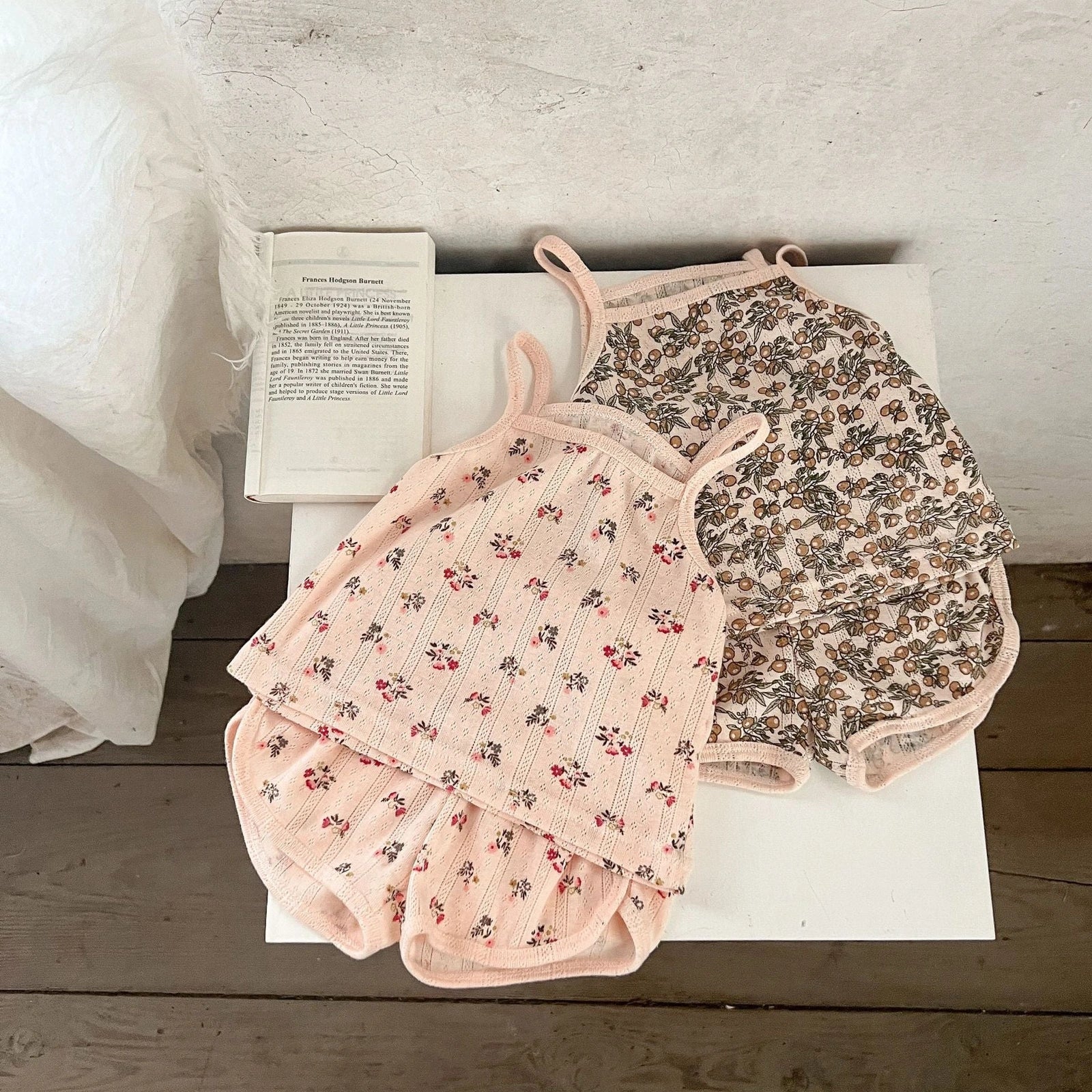 Children's cotton corduroy pajama set with cartoon print in olive, floral, lemon, or peach colours