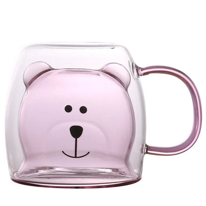 Creative Bear Double Coffee Milk Glass Cup for Kids in four colors: transparent, pink, lake green, and amber