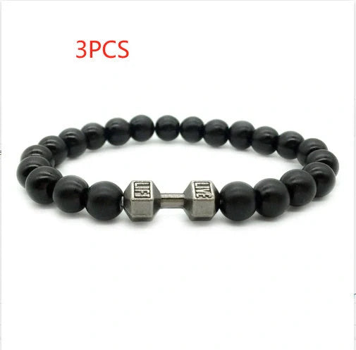 Men's fitness fashion bracelet with alloy dumbbell and lava rock beads, 18cm length, 20g weight