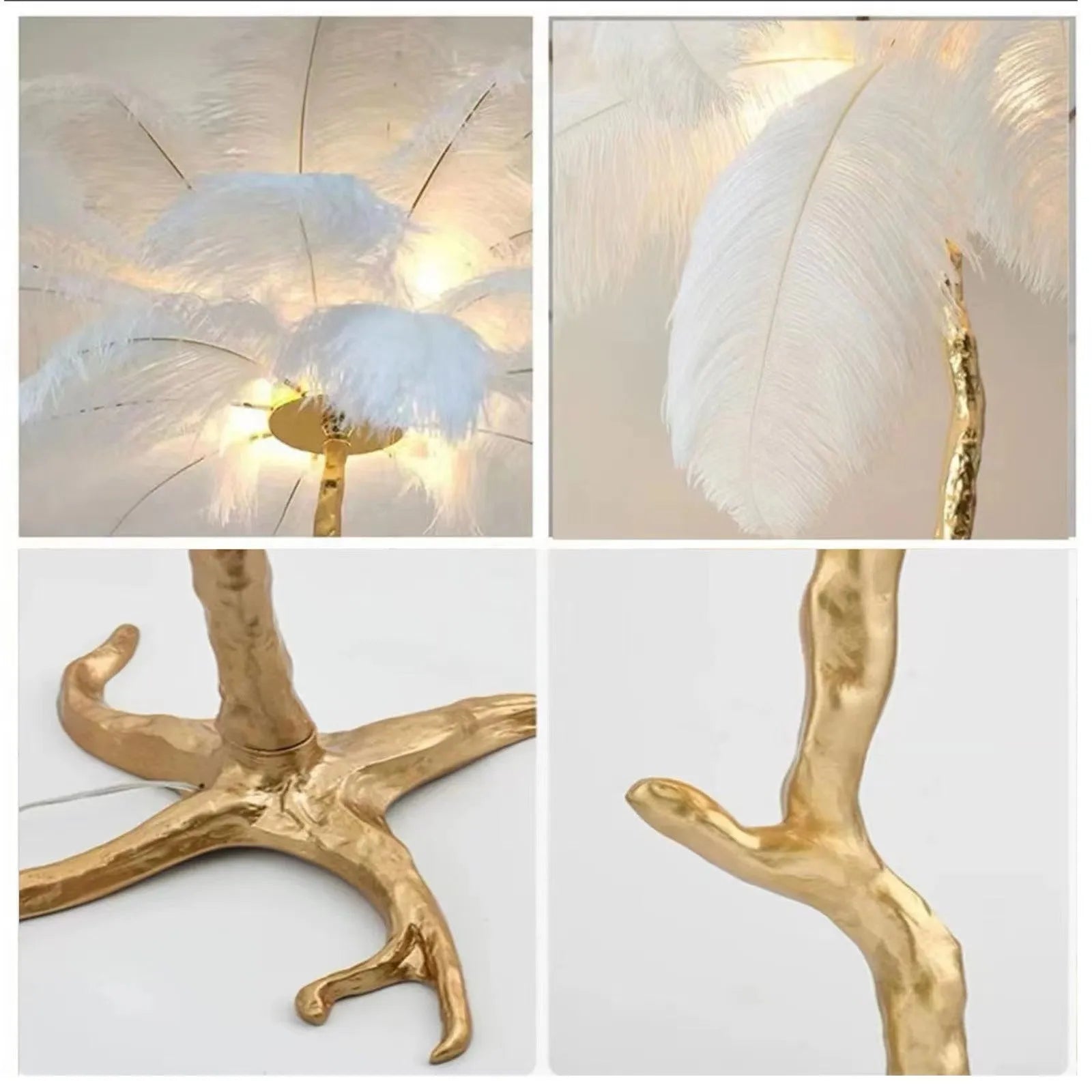 Tall decorative floor lamp with 32 resin feathers in living room setting