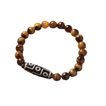 Single-circle beaded Buddha bracelet with tigereye Dzi stone, showing bead size options.