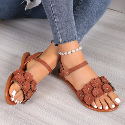 Women's retro floral sandals with buckle closure and round toe design