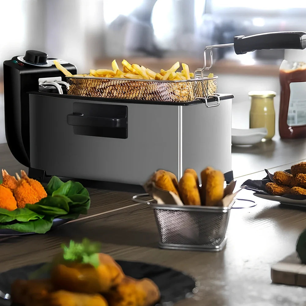 Silver household french fries fryer with 3-litre capacity basket and temperature control dial