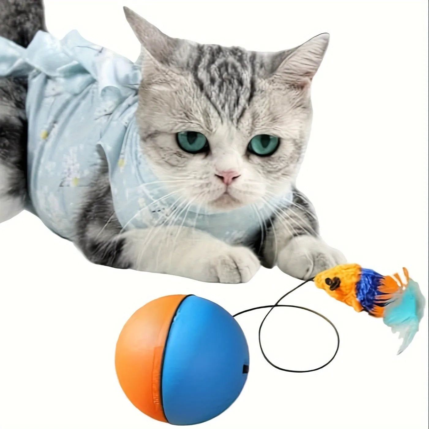 Interactive cat toy ball with blue and orange plush mouse measuring 8.5cm × 8.5cm × 9cm