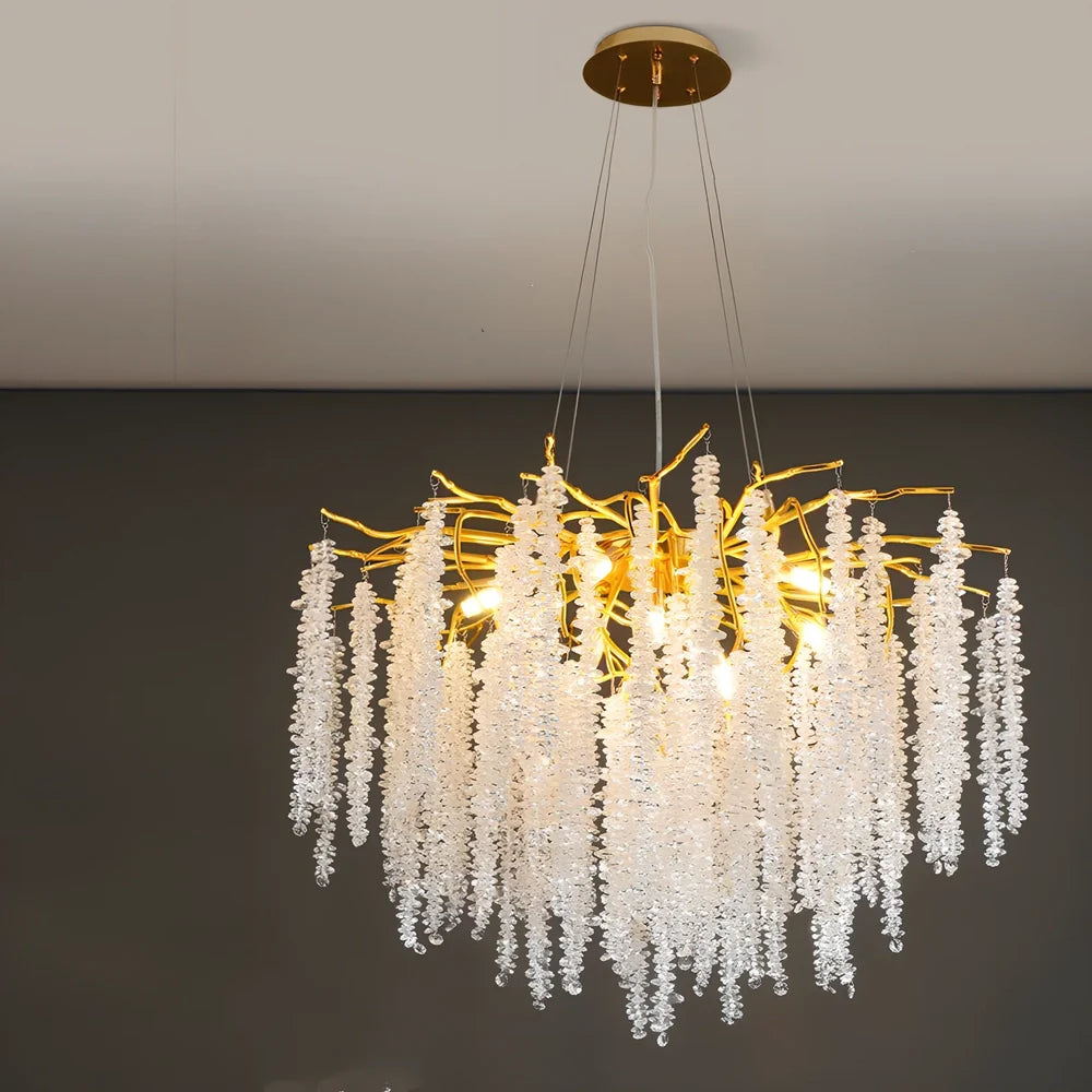 Villa crystal chandelier with adjustable height and LED lighting in multiple size options