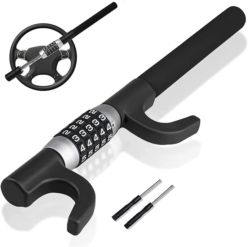 Car steering wheel anti-theft U-lock with password security system made from alloy steel construction weighing 2kg available in black blue or red for universal vehicle fit preventing theft through steering wheel immobilisation