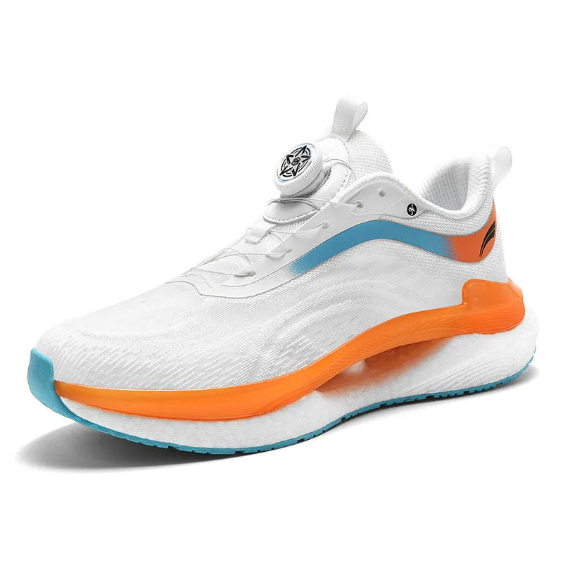 Men's high top mesh running shoes in fluorescent colours with buckle fastening and round toe.